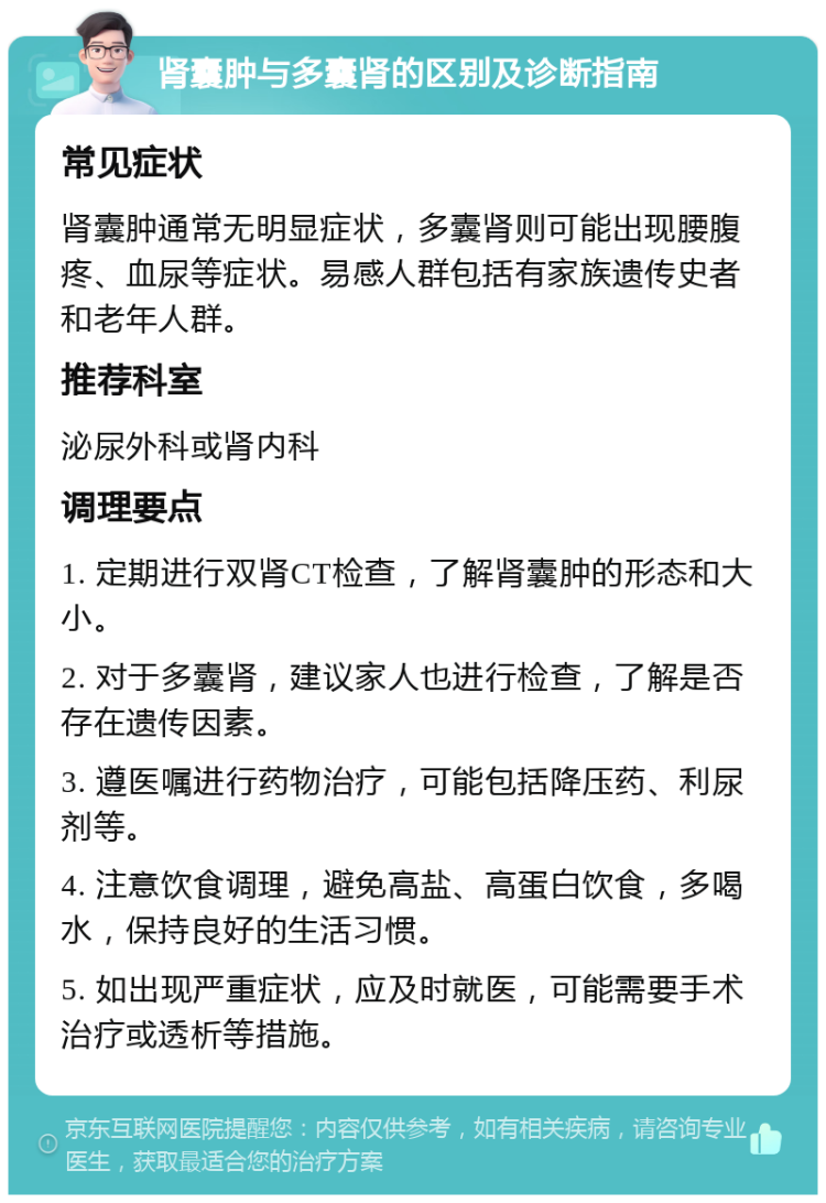 肾囊肿与多囊肾的区别及诊断指南 常见症状 肾囊肿通常无明显症状，多囊肾则可能出现腰腹疼、血尿等症状。易感人群包括有家族遗传史者和老年人群。 推荐科室 泌尿外科或肾内科 调理要点 1. 定期进行双肾CT检查，了解肾囊肿的形态和大小。 2. 对于多囊肾，建议家人也进行检查，了解是否存在遗传因素。 3. 遵医嘱进行药物治疗，可能包括降压药、利尿剂等。 4. 注意饮食调理，避免高盐、高蛋白饮食，多喝水，保持良好的生活习惯。 5. 如出现严重症状，应及时就医，可能需要手术治疗或透析等措施。