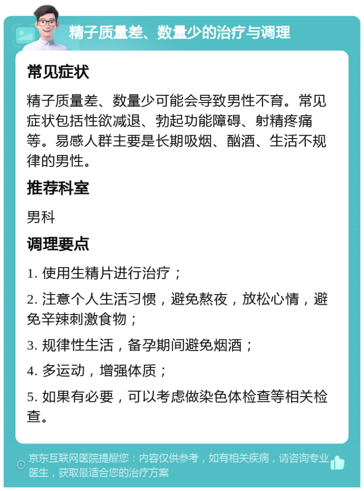 精子质量差、数量少的治疗与调理 常见症状 精子质量差、数量少可能会导致男性不育。常见症状包括性欲减退、勃起功能障碍、射精疼痛等。易感人群主要是长期吸烟、酗酒、生活不规律的男性。 推荐科室 男科 调理要点 1. 使用生精片进行治疗； 2. 注意个人生活习惯，避免熬夜，放松心情，避免辛辣刺激食物； 3. 规律性生活，备孕期间避免烟酒； 4. 多运动，增强体质； 5. 如果有必要，可以考虑做染色体检查等相关检查。