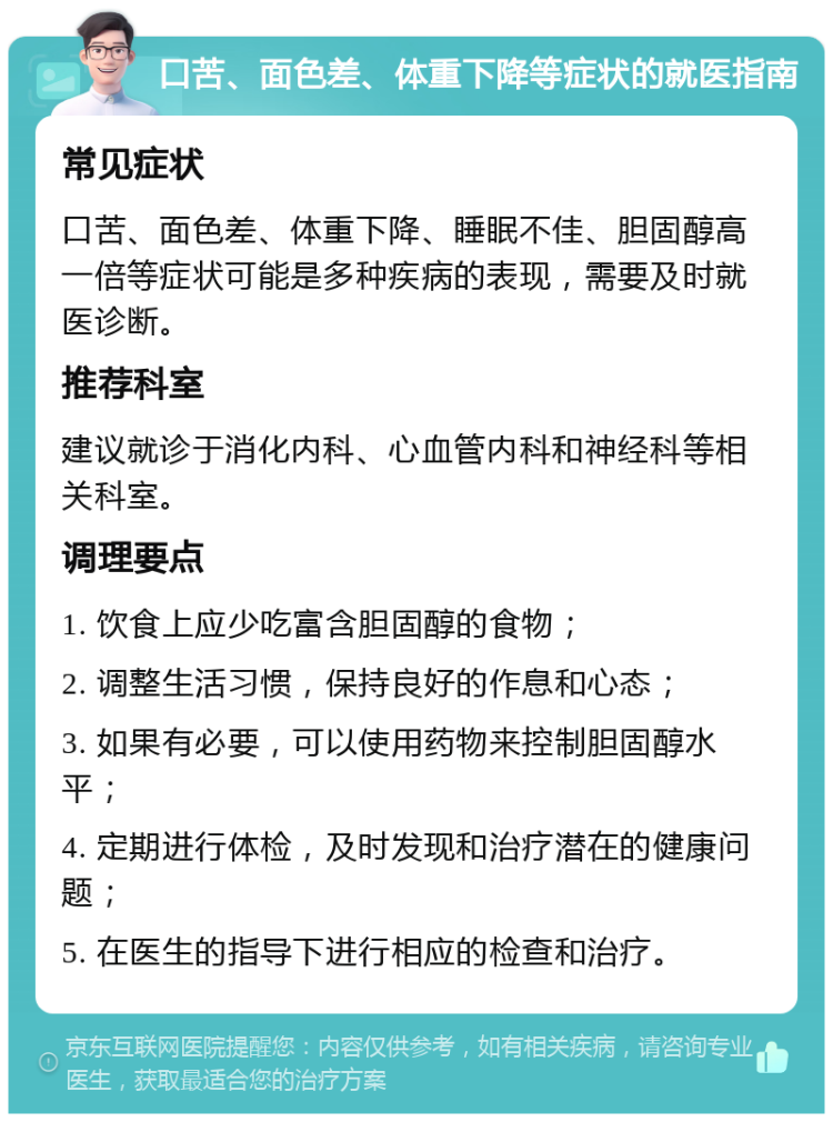 口苦、面色差、体重下降等症状的就医指南 常见症状 口苦、面色差、体重下降、睡眠不佳、胆固醇高一倍等症状可能是多种疾病的表现，需要及时就医诊断。 推荐科室 建议就诊于消化内科、心血管内科和神经科等相关科室。 调理要点 1. 饮食上应少吃富含胆固醇的食物； 2. 调整生活习惯，保持良好的作息和心态； 3. 如果有必要，可以使用药物来控制胆固醇水平； 4. 定期进行体检，及时发现和治疗潜在的健康问题； 5. 在医生的指导下进行相应的检查和治疗。