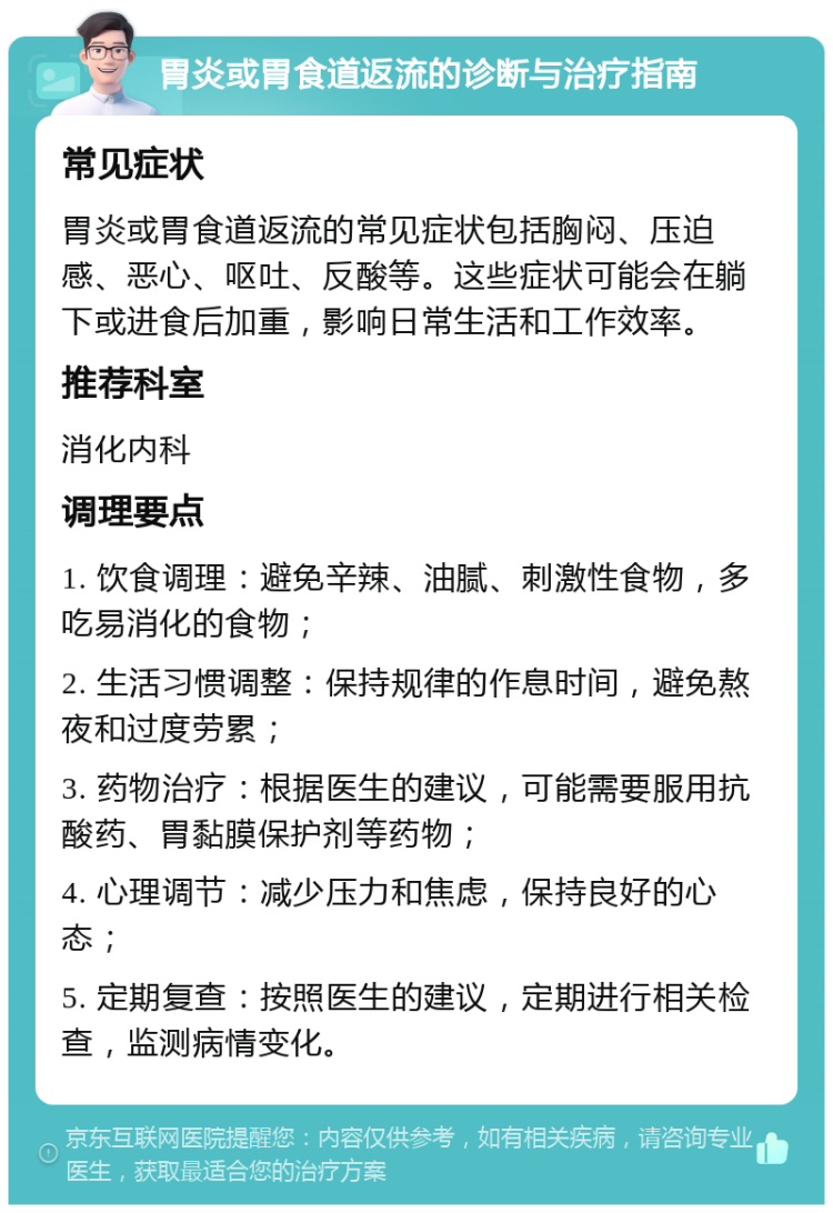 胃炎或胃食道返流的诊断与治疗指南 常见症状 胃炎或胃食道返流的常见症状包括胸闷、压迫感、恶心、呕吐、反酸等。这些症状可能会在躺下或进食后加重，影响日常生活和工作效率。 推荐科室 消化内科 调理要点 1. 饮食调理：避免辛辣、油腻、刺激性食物，多吃易消化的食物； 2. 生活习惯调整：保持规律的作息时间，避免熬夜和过度劳累； 3. 药物治疗：根据医生的建议，可能需要服用抗酸药、胃黏膜保护剂等药物； 4. 心理调节：减少压力和焦虑，保持良好的心态； 5. 定期复查：按照医生的建议，定期进行相关检查，监测病情变化。