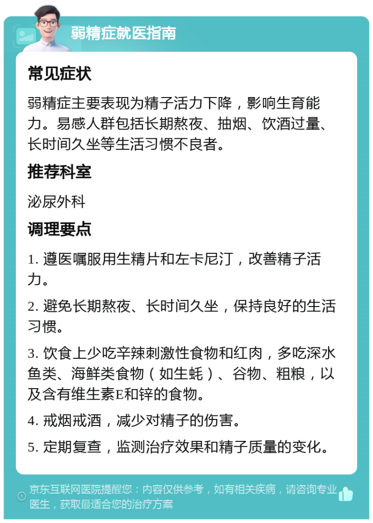 弱精症就医指南 常见症状 弱精症主要表现为精子活力下降，影响生育能力。易感人群包括长期熬夜、抽烟、饮酒过量、长时间久坐等生活习惯不良者。 推荐科室 泌尿外科 调理要点 1. 遵医嘱服用生精片和左卡尼汀，改善精子活力。 2. 避免长期熬夜、长时间久坐，保持良好的生活习惯。 3. 饮食上少吃辛辣刺激性食物和红肉，多吃深水鱼类、海鲜类食物（如生蚝）、谷物、粗粮，以及含有维生素E和锌的食物。 4. 戒烟戒酒，减少对精子的伤害。 5. 定期复查，监测治疗效果和精子质量的变化。