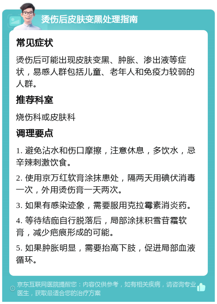 烫伤后皮肤变黑处理指南 常见症状 烫伤后可能出现皮肤变黑、肿胀、渗出液等症状，易感人群包括儿童、老年人和免疫力较弱的人群。 推荐科室 烧伤科或皮肤科 调理要点 1. 避免沾水和伤口摩擦，注意休息，多饮水，忌辛辣刺激饮食。 2. 使用京万红软膏涂抹患处，隔两天用碘伏消毒一次，外用烫伤膏一天两次。 3. 如果有感染迹象，需要服用克拉霉素消炎药。 4. 等待结痂自行脱落后，局部涂抹积雪苷霜软膏，减少疤痕形成的可能。 5. 如果肿胀明显，需要抬高下肢，促进局部血液循环。