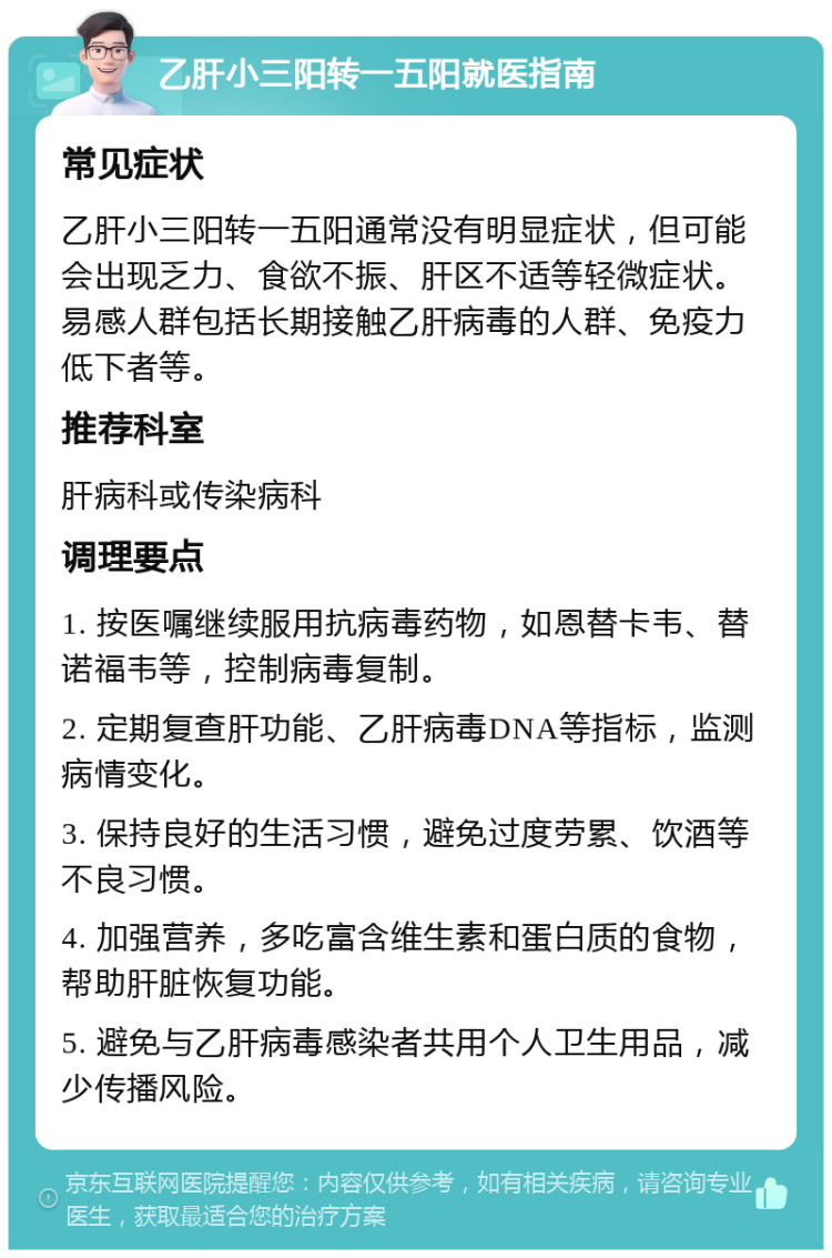 乙肝小三阳转一五阳就医指南 常见症状 乙肝小三阳转一五阳通常没有明显症状，但可能会出现乏力、食欲不振、肝区不适等轻微症状。易感人群包括长期接触乙肝病毒的人群、免疫力低下者等。 推荐科室 肝病科或传染病科 调理要点 1. 按医嘱继续服用抗病毒药物，如恩替卡韦、替诺福韦等，控制病毒复制。 2. 定期复查肝功能、乙肝病毒DNA等指标，监测病情变化。 3. 保持良好的生活习惯，避免过度劳累、饮酒等不良习惯。 4. 加强营养，多吃富含维生素和蛋白质的食物，帮助肝脏恢复功能。 5. 避免与乙肝病毒感染者共用个人卫生用品，减少传播风险。