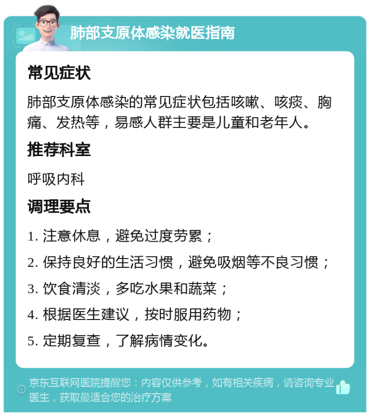 肺部支原体感染就医指南 常见症状 肺部支原体感染的常见症状包括咳嗽、咳痰、胸痛、发热等，易感人群主要是儿童和老年人。 推荐科室 呼吸内科 调理要点 1. 注意休息，避免过度劳累； 2. 保持良好的生活习惯，避免吸烟等不良习惯； 3. 饮食清淡，多吃水果和蔬菜； 4. 根据医生建议，按时服用药物； 5. 定期复查，了解病情变化。