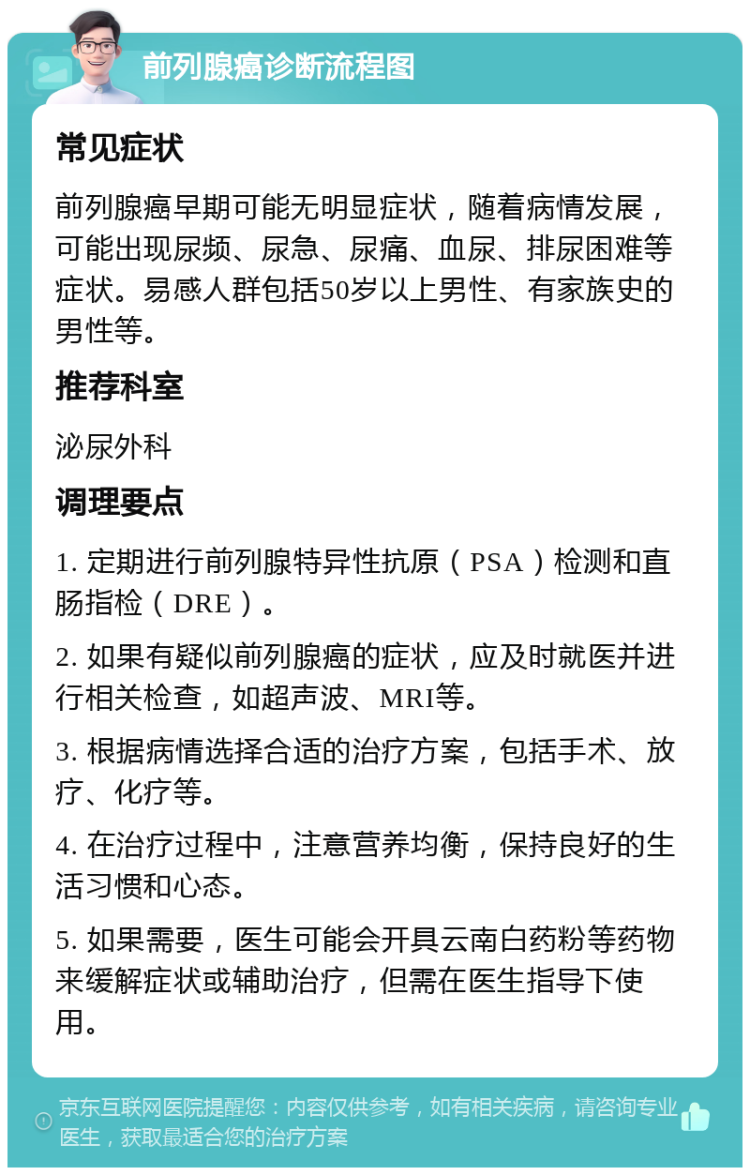 前列腺癌诊断流程图 常见症状 前列腺癌早期可能无明显症状，随着病情发展，可能出现尿频、尿急、尿痛、血尿、排尿困难等症状。易感人群包括50岁以上男性、有家族史的男性等。 推荐科室 泌尿外科 调理要点 1. 定期进行前列腺特异性抗原（PSA）检测和直肠指检（DRE）。 2. 如果有疑似前列腺癌的症状，应及时就医并进行相关检查，如超声波、MRI等。 3. 根据病情选择合适的治疗方案，包括手术、放疗、化疗等。 4. 在治疗过程中，注意营养均衡，保持良好的生活习惯和心态。 5. 如果需要，医生可能会开具云南白药粉等药物来缓解症状或辅助治疗，但需在医生指导下使用。