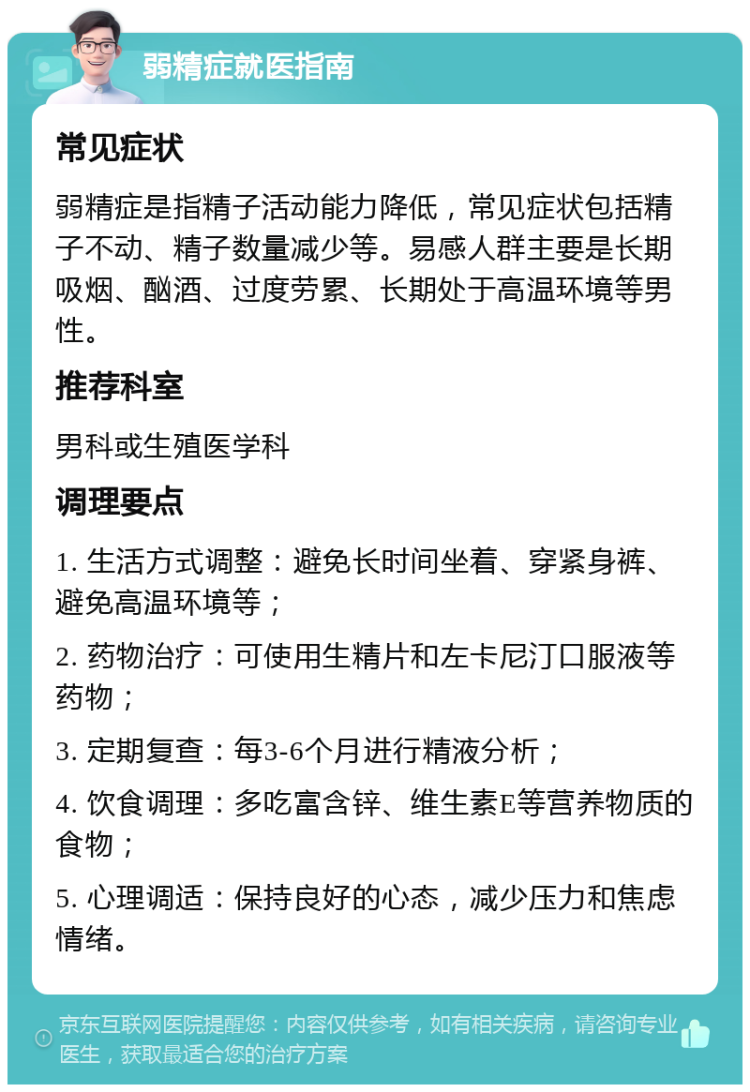 弱精症就医指南 常见症状 弱精症是指精子活动能力降低，常见症状包括精子不动、精子数量减少等。易感人群主要是长期吸烟、酗酒、过度劳累、长期处于高温环境等男性。 推荐科室 男科或生殖医学科 调理要点 1. 生活方式调整：避免长时间坐着、穿紧身裤、避免高温环境等； 2. 药物治疗：可使用生精片和左卡尼汀口服液等药物； 3. 定期复查：每3-6个月进行精液分析； 4. 饮食调理：多吃富含锌、维生素E等营养物质的食物； 5. 心理调适：保持良好的心态，减少压力和焦虑情绪。