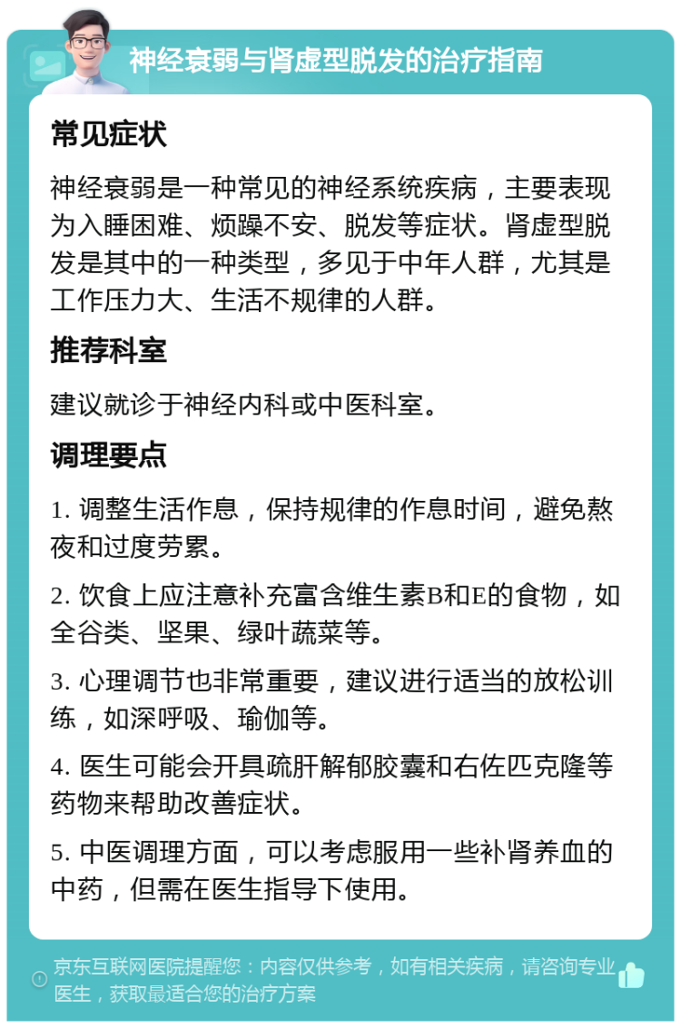 神经衰弱与肾虚型脱发的治疗指南 常见症状 神经衰弱是一种常见的神经系统疾病，主要表现为入睡困难、烦躁不安、脱发等症状。肾虚型脱发是其中的一种类型，多见于中年人群，尤其是工作压力大、生活不规律的人群。 推荐科室 建议就诊于神经内科或中医科室。 调理要点 1. 调整生活作息，保持规律的作息时间，避免熬夜和过度劳累。 2. 饮食上应注意补充富含维生素B和E的食物，如全谷类、坚果、绿叶蔬菜等。 3. 心理调节也非常重要，建议进行适当的放松训练，如深呼吸、瑜伽等。 4. 医生可能会开具疏肝解郁胶囊和右佐匹克隆等药物来帮助改善症状。 5. 中医调理方面，可以考虑服用一些补肾养血的中药，但需在医生指导下使用。