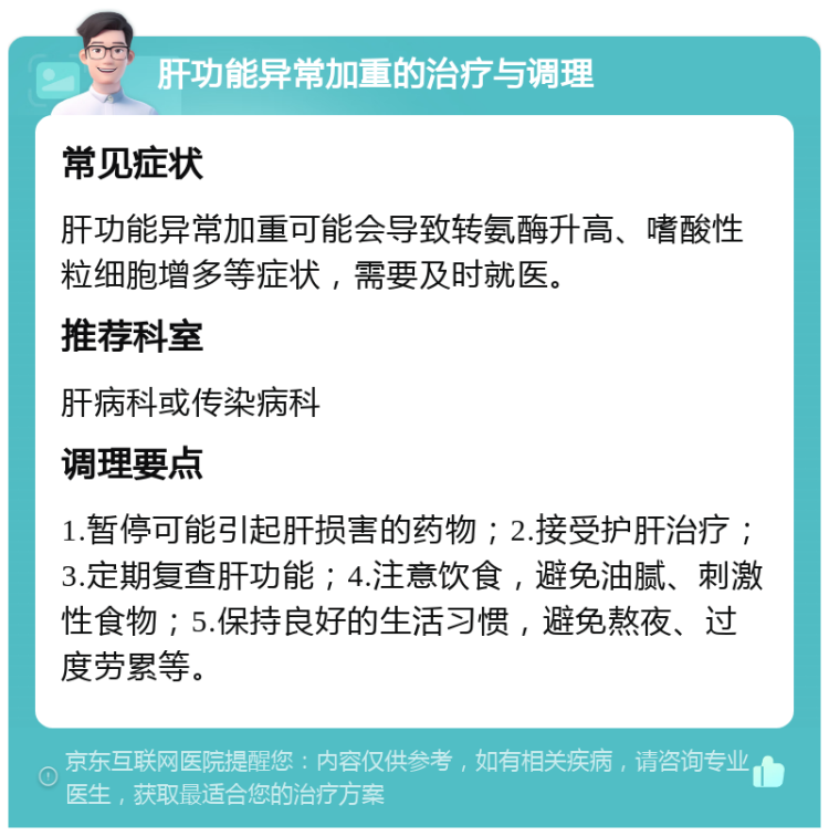 肝功能异常加重的治疗与调理 常见症状 肝功能异常加重可能会导致转氨酶升高、嗜酸性粒细胞增多等症状，需要及时就医。 推荐科室 肝病科或传染病科 调理要点 1.暂停可能引起肝损害的药物；2.接受护肝治疗；3.定期复查肝功能；4.注意饮食，避免油腻、刺激性食物；5.保持良好的生活习惯，避免熬夜、过度劳累等。