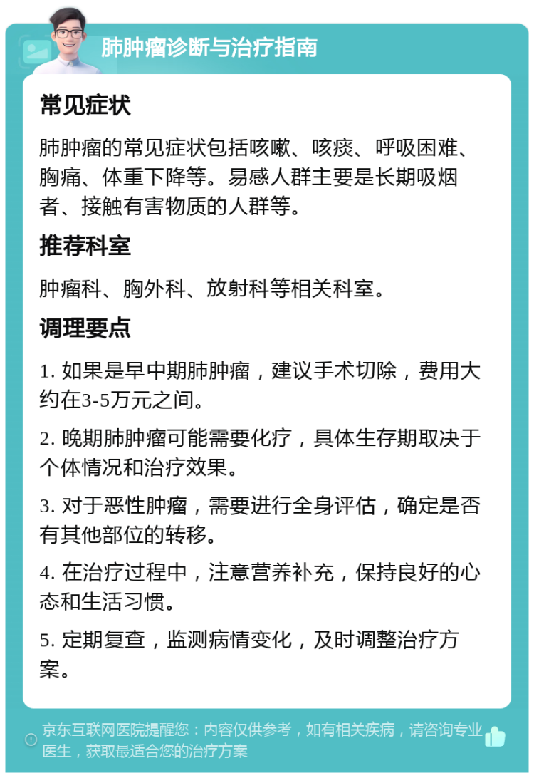 肺肿瘤诊断与治疗指南 常见症状 肺肿瘤的常见症状包括咳嗽、咳痰、呼吸困难、胸痛、体重下降等。易感人群主要是长期吸烟者、接触有害物质的人群等。 推荐科室 肿瘤科、胸外科、放射科等相关科室。 调理要点 1. 如果是早中期肺肿瘤，建议手术切除，费用大约在3-5万元之间。 2. 晚期肺肿瘤可能需要化疗，具体生存期取决于个体情况和治疗效果。 3. 对于恶性肿瘤，需要进行全身评估，确定是否有其他部位的转移。 4. 在治疗过程中，注意营养补充，保持良好的心态和生活习惯。 5. 定期复查，监测病情变化，及时调整治疗方案。