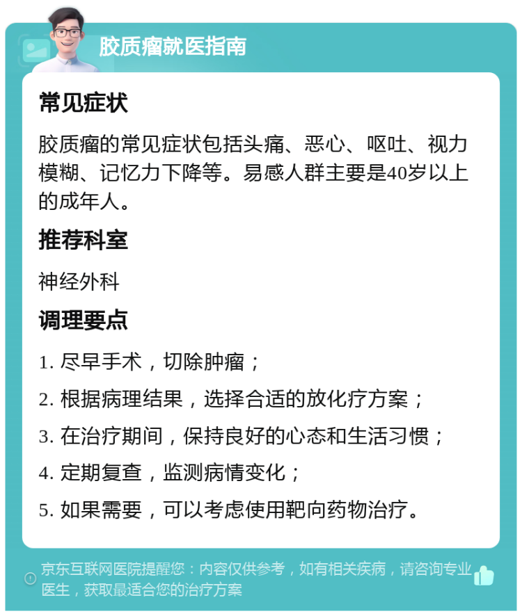 胶质瘤就医指南 常见症状 胶质瘤的常见症状包括头痛、恶心、呕吐、视力模糊、记忆力下降等。易感人群主要是40岁以上的成年人。 推荐科室 神经外科 调理要点 1. 尽早手术，切除肿瘤； 2. 根据病理结果，选择合适的放化疗方案； 3. 在治疗期间，保持良好的心态和生活习惯； 4. 定期复查，监测病情变化； 5. 如果需要，可以考虑使用靶向药物治疗。