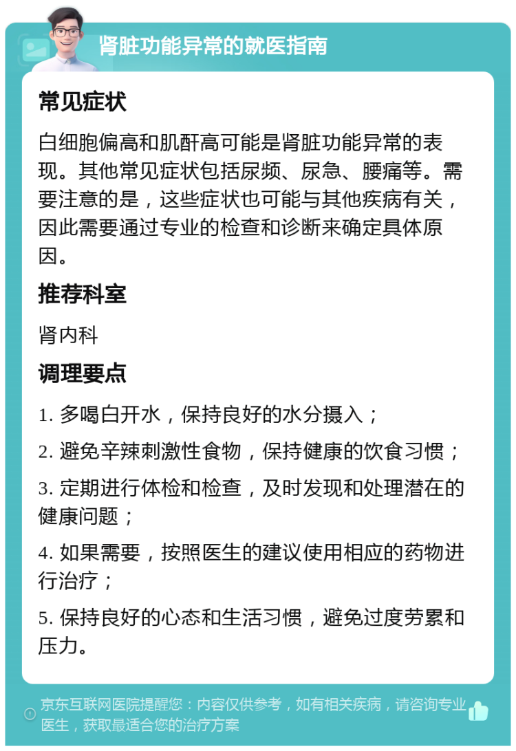 肾脏功能异常的就医指南 常见症状 白细胞偏高和肌酐高可能是肾脏功能异常的表现。其他常见症状包括尿频、尿急、腰痛等。需要注意的是，这些症状也可能与其他疾病有关，因此需要通过专业的检查和诊断来确定具体原因。 推荐科室 肾内科 调理要点 1. 多喝白开水，保持良好的水分摄入； 2. 避免辛辣刺激性食物，保持健康的饮食习惯； 3. 定期进行体检和检查，及时发现和处理潜在的健康问题； 4. 如果需要，按照医生的建议使用相应的药物进行治疗； 5. 保持良好的心态和生活习惯，避免过度劳累和压力。