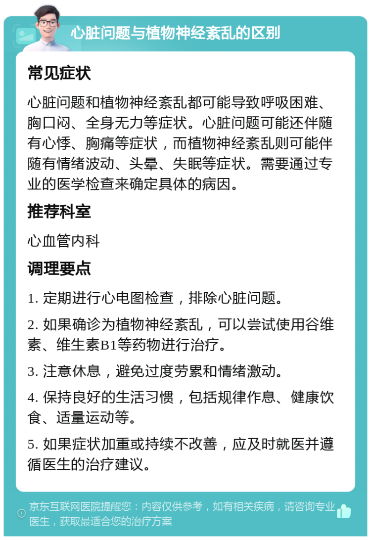 心脏问题与植物神经紊乱的区别 常见症状 心脏问题和植物神经紊乱都可能导致呼吸困难、胸口闷、全身无力等症状。心脏问题可能还伴随有心悸、胸痛等症状，而植物神经紊乱则可能伴随有情绪波动、头晕、失眠等症状。需要通过专业的医学检查来确定具体的病因。 推荐科室 心血管内科 调理要点 1. 定期进行心电图检查，排除心脏问题。 2. 如果确诊为植物神经紊乱，可以尝试使用谷维素、维生素B1等药物进行治疗。 3. 注意休息，避免过度劳累和情绪激动。 4. 保持良好的生活习惯，包括规律作息、健康饮食、适量运动等。 5. 如果症状加重或持续不改善，应及时就医并遵循医生的治疗建议。