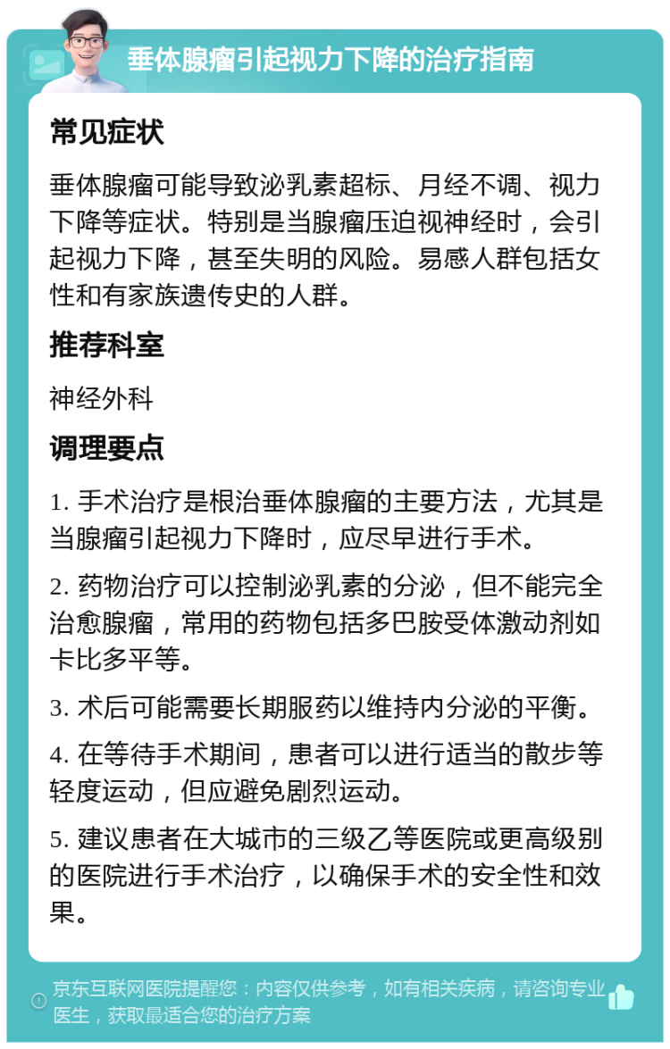 垂体腺瘤引起视力下降的治疗指南 常见症状 垂体腺瘤可能导致泌乳素超标、月经不调、视力下降等症状。特别是当腺瘤压迫视神经时，会引起视力下降，甚至失明的风险。易感人群包括女性和有家族遗传史的人群。 推荐科室 神经外科 调理要点 1. 手术治疗是根治垂体腺瘤的主要方法，尤其是当腺瘤引起视力下降时，应尽早进行手术。 2. 药物治疗可以控制泌乳素的分泌，但不能完全治愈腺瘤，常用的药物包括多巴胺受体激动剂如卡比多平等。 3. 术后可能需要长期服药以维持内分泌的平衡。 4. 在等待手术期间，患者可以进行适当的散步等轻度运动，但应避免剧烈运动。 5. 建议患者在大城市的三级乙等医院或更高级别的医院进行手术治疗，以确保手术的安全性和效果。