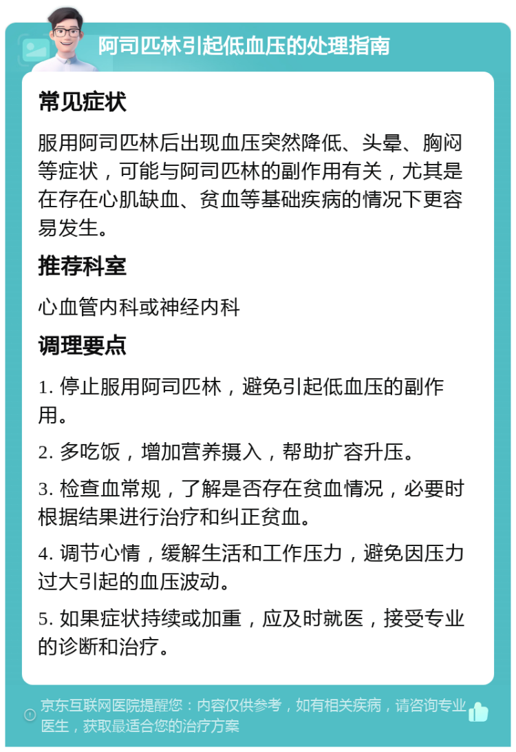 阿司匹林引起低血压的处理指南 常见症状 服用阿司匹林后出现血压突然降低、头晕、胸闷等症状，可能与阿司匹林的副作用有关，尤其是在存在心肌缺血、贫血等基础疾病的情况下更容易发生。 推荐科室 心血管内科或神经内科 调理要点 1. 停止服用阿司匹林，避免引起低血压的副作用。 2. 多吃饭，增加营养摄入，帮助扩容升压。 3. 检查血常规，了解是否存在贫血情况，必要时根据结果进行治疗和纠正贫血。 4. 调节心情，缓解生活和工作压力，避免因压力过大引起的血压波动。 5. 如果症状持续或加重，应及时就医，接受专业的诊断和治疗。