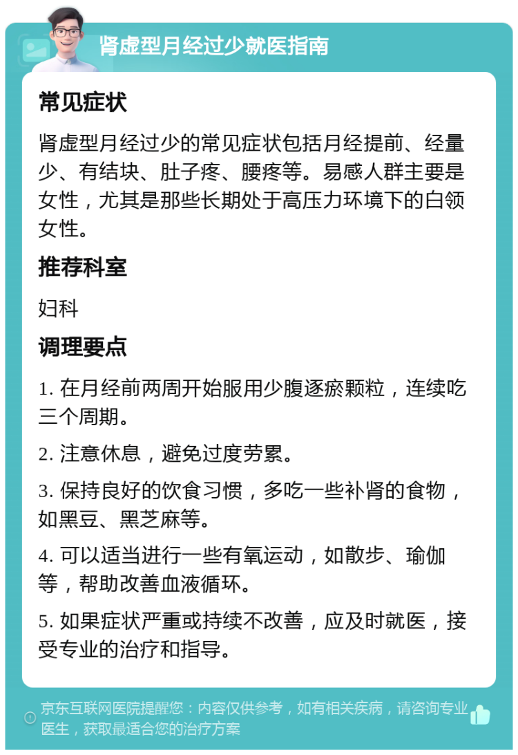 肾虚型月经过少就医指南 常见症状 肾虚型月经过少的常见症状包括月经提前、经量少、有结块、肚子疼、腰疼等。易感人群主要是女性，尤其是那些长期处于高压力环境下的白领女性。 推荐科室 妇科 调理要点 1. 在月经前两周开始服用少腹逐瘀颗粒，连续吃三个周期。 2. 注意休息，避免过度劳累。 3. 保持良好的饮食习惯，多吃一些补肾的食物，如黑豆、黑芝麻等。 4. 可以适当进行一些有氧运动，如散步、瑜伽等，帮助改善血液循环。 5. 如果症状严重或持续不改善，应及时就医，接受专业的治疗和指导。