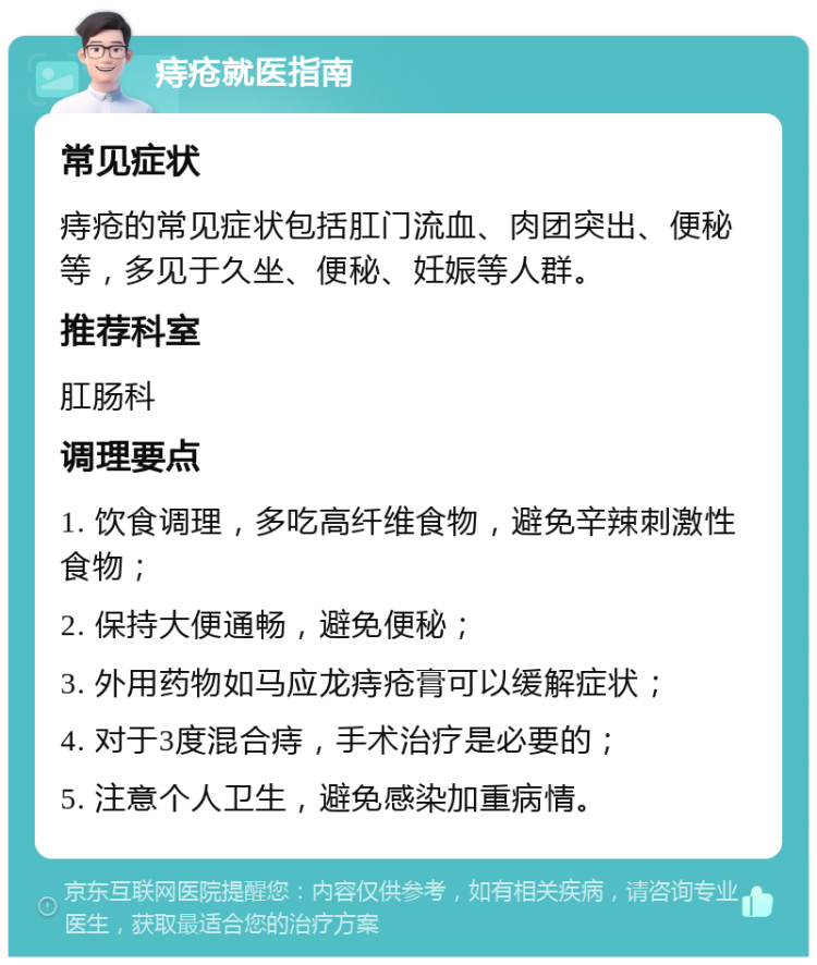 痔疮就医指南 常见症状 痔疮的常见症状包括肛门流血、肉团突出、便秘等，多见于久坐、便秘、妊娠等人群。 推荐科室 肛肠科 调理要点 1. 饮食调理，多吃高纤维食物，避免辛辣刺激性食物； 2. 保持大便通畅，避免便秘； 3. 外用药物如马应龙痔疮膏可以缓解症状； 4. 对于3度混合痔，手术治疗是必要的； 5. 注意个人卫生，避免感染加重病情。