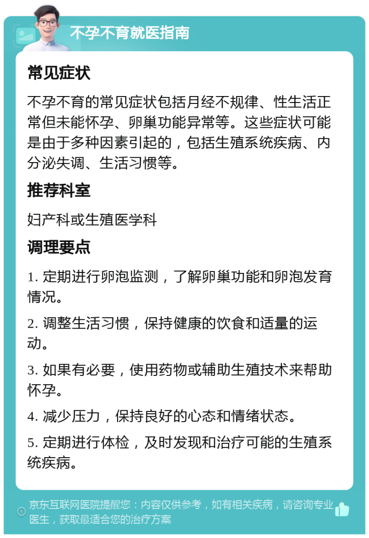 不孕不育就医指南 常见症状 不孕不育的常见症状包括月经不规律、性生活正常但未能怀孕、卵巢功能异常等。这些症状可能是由于多种因素引起的，包括生殖系统疾病、内分泌失调、生活习惯等。 推荐科室 妇产科或生殖医学科 调理要点 1. 定期进行卵泡监测，了解卵巢功能和卵泡发育情况。 2. 调整生活习惯，保持健康的饮食和适量的运动。 3. 如果有必要，使用药物或辅助生殖技术来帮助怀孕。 4. 减少压力，保持良好的心态和情绪状态。 5. 定期进行体检，及时发现和治疗可能的生殖系统疾病。