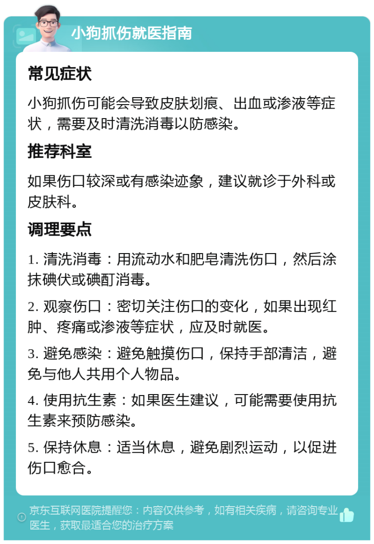 小狗抓伤就医指南 常见症状 小狗抓伤可能会导致皮肤划痕、出血或渗液等症状，需要及时清洗消毒以防感染。 推荐科室 如果伤口较深或有感染迹象，建议就诊于外科或皮肤科。 调理要点 1. 清洗消毒：用流动水和肥皂清洗伤口，然后涂抹碘伏或碘酊消毒。 2. 观察伤口：密切关注伤口的变化，如果出现红肿、疼痛或渗液等症状，应及时就医。 3. 避免感染：避免触摸伤口，保持手部清洁，避免与他人共用个人物品。 4. 使用抗生素：如果医生建议，可能需要使用抗生素来预防感染。 5. 保持休息：适当休息，避免剧烈运动，以促进伤口愈合。