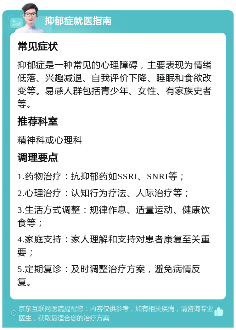 抑郁症就医指南 常见症状 抑郁症是一种常见的心理障碍，主要表现为情绪低落、兴趣减退、自我评价下降、睡眠和食欲改变等。易感人群包括青少年、女性、有家族史者等。 推荐科室 精神科或心理科 调理要点 1.药物治疗：抗抑郁药如SSRI、SNRI等； 2.心理治疗：认知行为疗法、人际治疗等； 3.生活方式调整：规律作息、适量运动、健康饮食等； 4.家庭支持：家人理解和支持对患者康复至关重要； 5.定期复诊：及时调整治疗方案，避免病情反复。