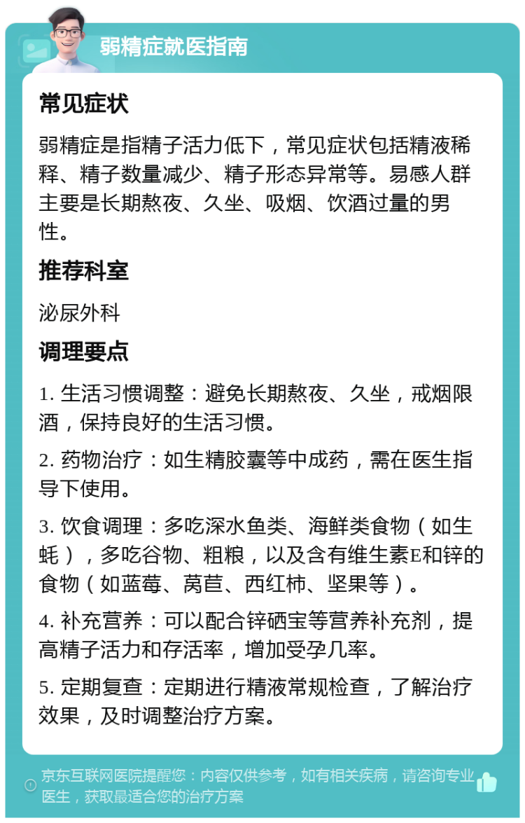 弱精症就医指南 常见症状 弱精症是指精子活力低下，常见症状包括精液稀释、精子数量减少、精子形态异常等。易感人群主要是长期熬夜、久坐、吸烟、饮酒过量的男性。 推荐科室 泌尿外科 调理要点 1. 生活习惯调整：避免长期熬夜、久坐，戒烟限酒，保持良好的生活习惯。 2. 药物治疗：如生精胶囊等中成药，需在医生指导下使用。 3. 饮食调理：多吃深水鱼类、海鲜类食物（如生蚝），多吃谷物、粗粮，以及含有维生素E和锌的食物（如蓝莓、莴苣、西红柿、坚果等）。 4. 补充营养：可以配合锌硒宝等营养补充剂，提高精子活力和存活率，增加受孕几率。 5. 定期复查：定期进行精液常规检查，了解治疗效果，及时调整治疗方案。