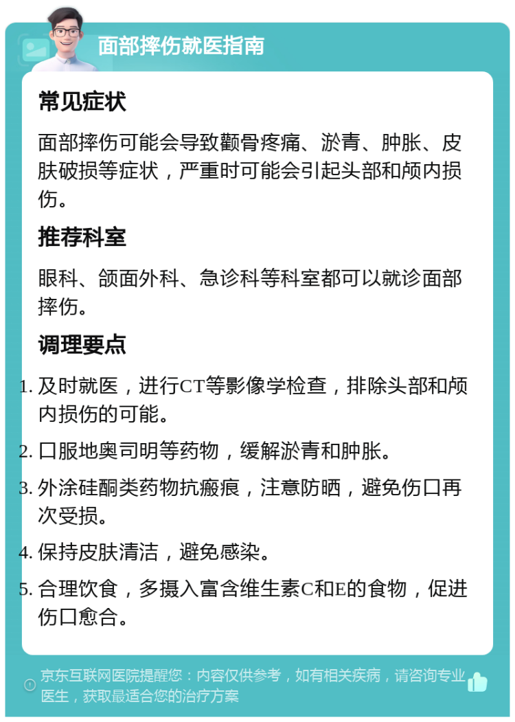 面部摔伤就医指南 常见症状 面部摔伤可能会导致颧骨疼痛、淤青、肿胀、皮肤破损等症状，严重时可能会引起头部和颅内损伤。 推荐科室 眼科、颌面外科、急诊科等科室都可以就诊面部摔伤。 调理要点 及时就医，进行CT等影像学检查，排除头部和颅内损伤的可能。 口服地奥司明等药物，缓解淤青和肿胀。 外涂硅酮类药物抗瘢痕，注意防晒，避免伤口再次受损。 保持皮肤清洁，避免感染。 合理饮食，多摄入富含维生素C和E的食物，促进伤口愈合。