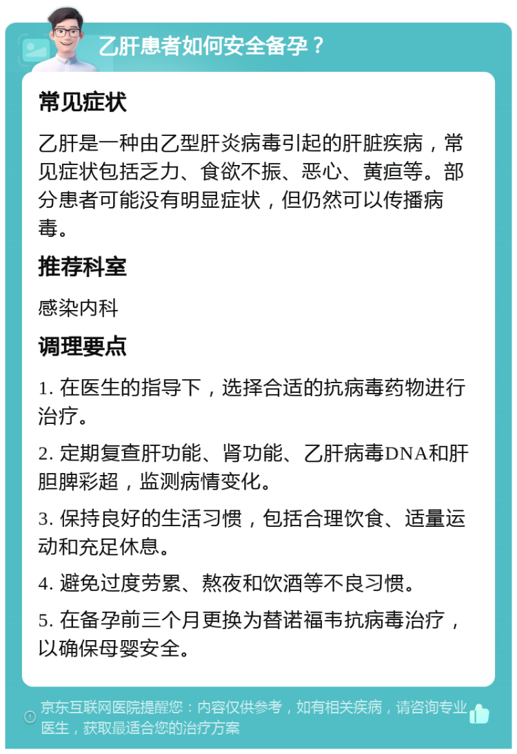 乙肝患者如何安全备孕？ 常见症状 乙肝是一种由乙型肝炎病毒引起的肝脏疾病，常见症状包括乏力、食欲不振、恶心、黄疸等。部分患者可能没有明显症状，但仍然可以传播病毒。 推荐科室 感染内科 调理要点 1. 在医生的指导下，选择合适的抗病毒药物进行治疗。 2. 定期复查肝功能、肾功能、乙肝病毒DNA和肝胆脾彩超，监测病情变化。 3. 保持良好的生活习惯，包括合理饮食、适量运动和充足休息。 4. 避免过度劳累、熬夜和饮酒等不良习惯。 5. 在备孕前三个月更换为替诺福韦抗病毒治疗，以确保母婴安全。