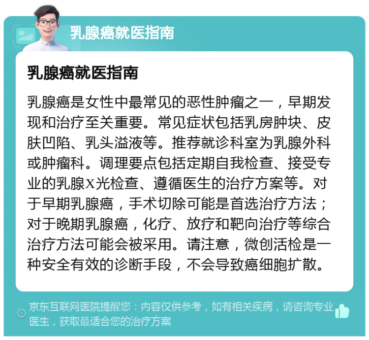 乳腺癌就医指南 乳腺癌就医指南 乳腺癌是女性中最常见的恶性肿瘤之一，早期发现和治疗至关重要。常见症状包括乳房肿块、皮肤凹陷、乳头溢液等。推荐就诊科室为乳腺外科或肿瘤科。调理要点包括定期自我检查、接受专业的乳腺X光检查、遵循医生的治疗方案等。对于早期乳腺癌，手术切除可能是首选治疗方法；对于晚期乳腺癌，化疗、放疗和靶向治疗等综合治疗方法可能会被采用。请注意，微创活检是一种安全有效的诊断手段，不会导致癌细胞扩散。