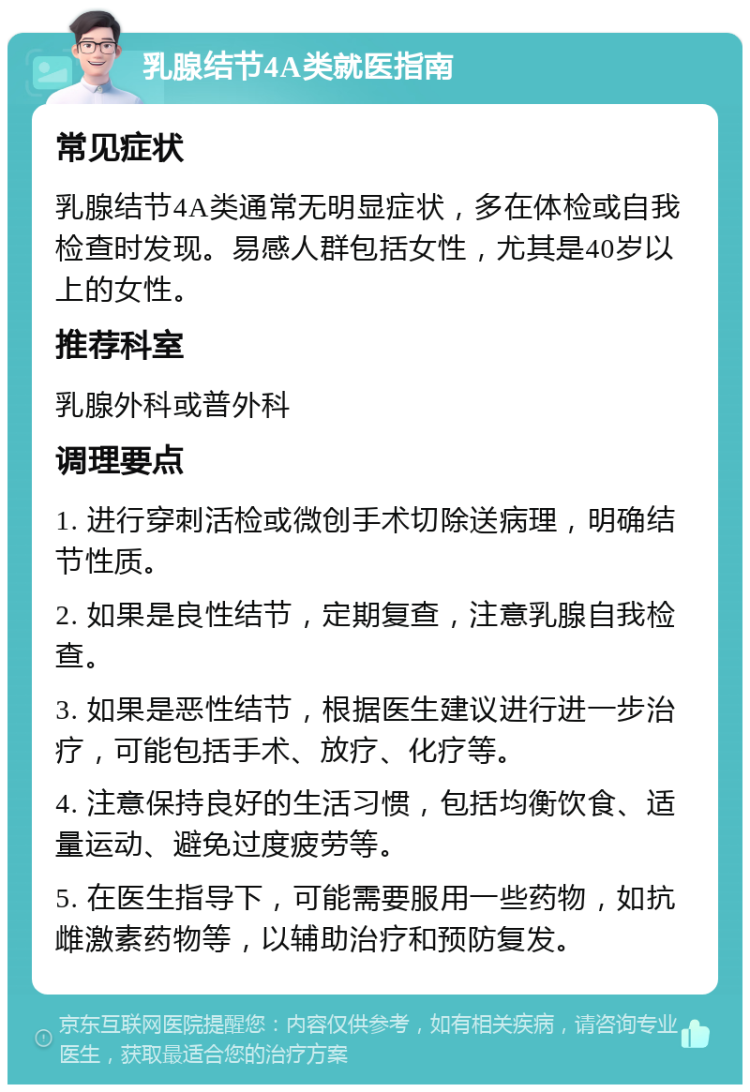 乳腺结节4A类就医指南 常见症状 乳腺结节4A类通常无明显症状，多在体检或自我检查时发现。易感人群包括女性，尤其是40岁以上的女性。 推荐科室 乳腺外科或普外科 调理要点 1. 进行穿刺活检或微创手术切除送病理，明确结节性质。 2. 如果是良性结节，定期复查，注意乳腺自我检查。 3. 如果是恶性结节，根据医生建议进行进一步治疗，可能包括手术、放疗、化疗等。 4. 注意保持良好的生活习惯，包括均衡饮食、适量运动、避免过度疲劳等。 5. 在医生指导下，可能需要服用一些药物，如抗雌激素药物等，以辅助治疗和预防复发。