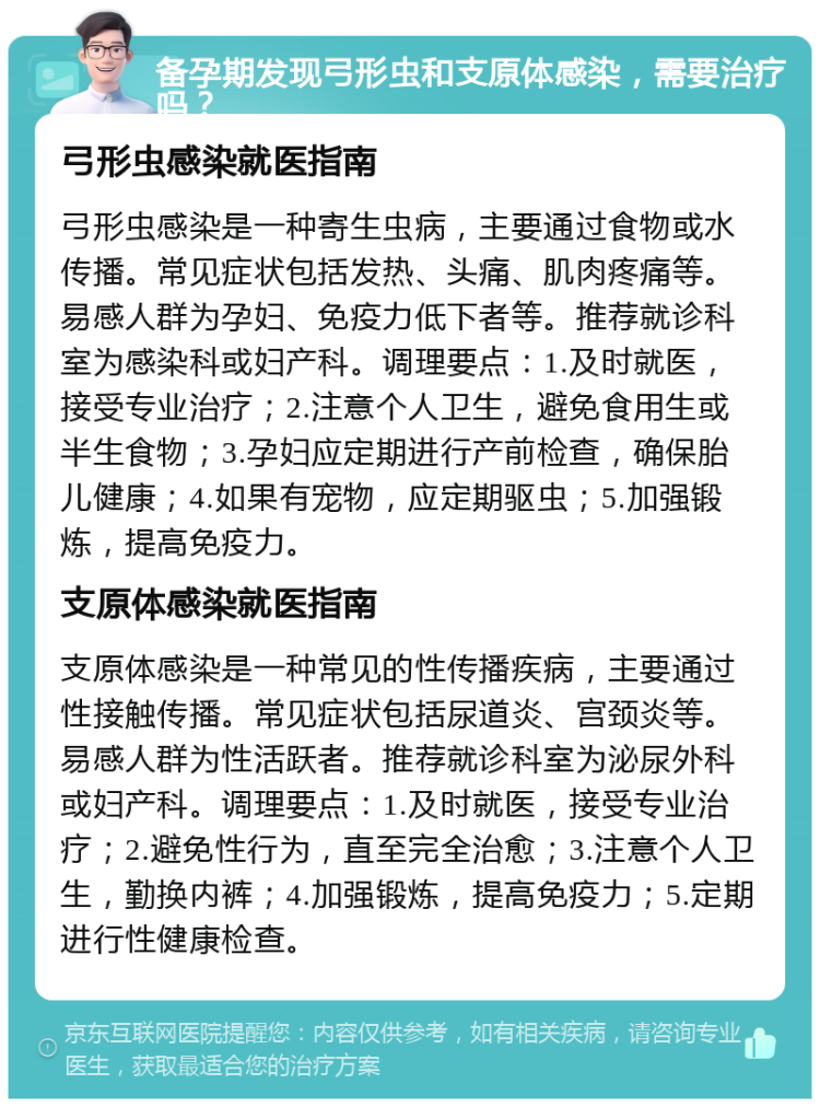 备孕期发现弓形虫和支原体感染，需要治疗吗？ 弓形虫感染就医指南 弓形虫感染是一种寄生虫病，主要通过食物或水传播。常见症状包括发热、头痛、肌肉疼痛等。易感人群为孕妇、免疫力低下者等。推荐就诊科室为感染科或妇产科。调理要点：1.及时就医，接受专业治疗；2.注意个人卫生，避免食用生或半生食物；3.孕妇应定期进行产前检查，确保胎儿健康；4.如果有宠物，应定期驱虫；5.加强锻炼，提高免疫力。 支原体感染就医指南 支原体感染是一种常见的性传播疾病，主要通过性接触传播。常见症状包括尿道炎、宫颈炎等。易感人群为性活跃者。推荐就诊科室为泌尿外科或妇产科。调理要点：1.及时就医，接受专业治疗；2.避免性行为，直至完全治愈；3.注意个人卫生，勤换内裤；4.加强锻炼，提高免疫力；5.定期进行性健康检查。