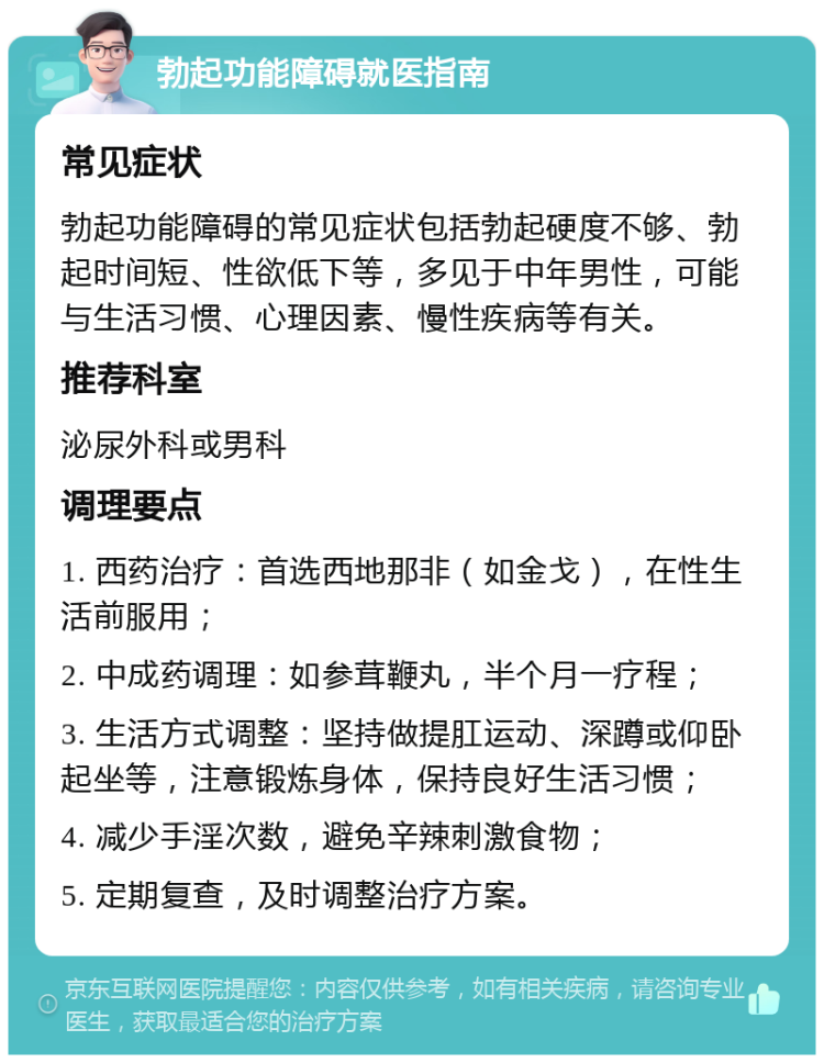 勃起功能障碍就医指南 常见症状 勃起功能障碍的常见症状包括勃起硬度不够、勃起时间短、性欲低下等，多见于中年男性，可能与生活习惯、心理因素、慢性疾病等有关。 推荐科室 泌尿外科或男科 调理要点 1. 西药治疗：首选西地那非（如金戈），在性生活前服用； 2. 中成药调理：如参茸鞭丸，半个月一疗程； 3. 生活方式调整：坚持做提肛运动、深蹲或仰卧起坐等，注意锻炼身体，保持良好生活习惯； 4. 减少手淫次数，避免辛辣刺激食物； 5. 定期复查，及时调整治疗方案。