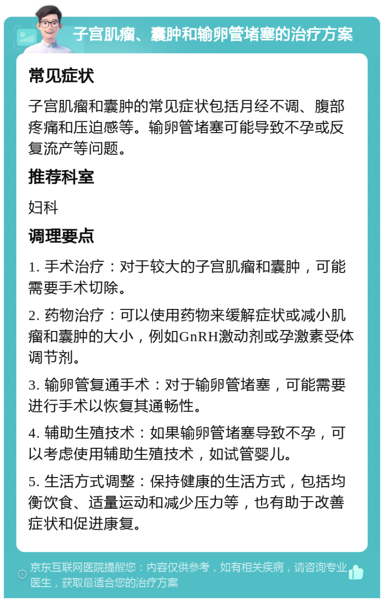 子宫肌瘤、囊肿和输卵管堵塞的治疗方案 常见症状 子宫肌瘤和囊肿的常见症状包括月经不调、腹部疼痛和压迫感等。输卵管堵塞可能导致不孕或反复流产等问题。 推荐科室 妇科 调理要点 1. 手术治疗：对于较大的子宫肌瘤和囊肿，可能需要手术切除。 2. 药物治疗：可以使用药物来缓解症状或减小肌瘤和囊肿的大小，例如GnRH激动剂或孕激素受体调节剂。 3. 输卵管复通手术：对于输卵管堵塞，可能需要进行手术以恢复其通畅性。 4. 辅助生殖技术：如果输卵管堵塞导致不孕，可以考虑使用辅助生殖技术，如试管婴儿。 5. 生活方式调整：保持健康的生活方式，包括均衡饮食、适量运动和减少压力等，也有助于改善症状和促进康复。