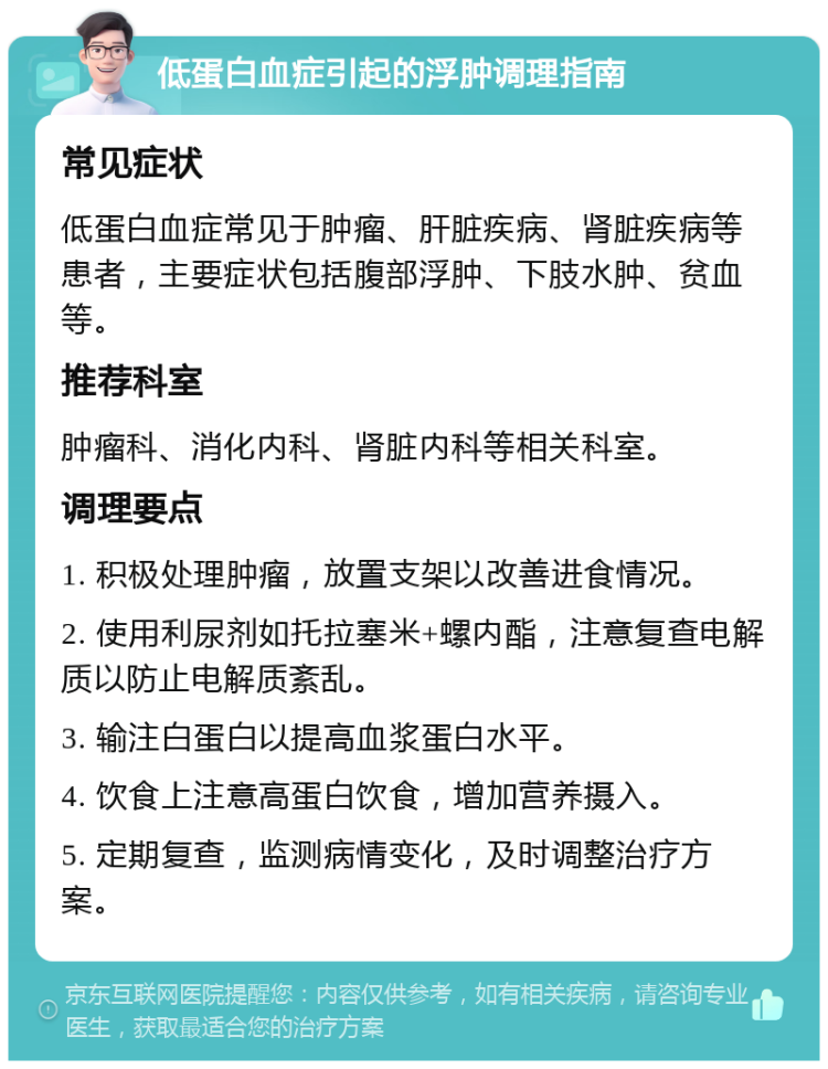 低蛋白血症引起的浮肿调理指南 常见症状 低蛋白血症常见于肿瘤、肝脏疾病、肾脏疾病等患者，主要症状包括腹部浮肿、下肢水肿、贫血等。 推荐科室 肿瘤科、消化内科、肾脏内科等相关科室。 调理要点 1. 积极处理肿瘤，放置支架以改善进食情况。 2. 使用利尿剂如托拉塞米+螺内酯，注意复查电解质以防止电解质紊乱。 3. 输注白蛋白以提高血浆蛋白水平。 4. 饮食上注意高蛋白饮食，增加营养摄入。 5. 定期复查，监测病情变化，及时调整治疗方案。