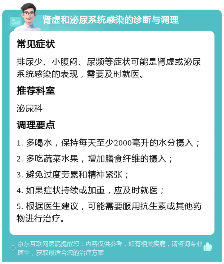 肾虚和泌尿系统感染的诊断与调理 常见症状 排尿少、小腹闷、尿频等症状可能是肾虚或泌尿系统感染的表现，需要及时就医。 推荐科室 泌尿科 调理要点 1. 多喝水，保持每天至少2000毫升的水分摄入； 2. 多吃蔬菜水果，增加膳食纤维的摄入； 3. 避免过度劳累和精神紧张； 4. 如果症状持续或加重，应及时就医； 5. 根据医生建议，可能需要服用抗生素或其他药物进行治疗。