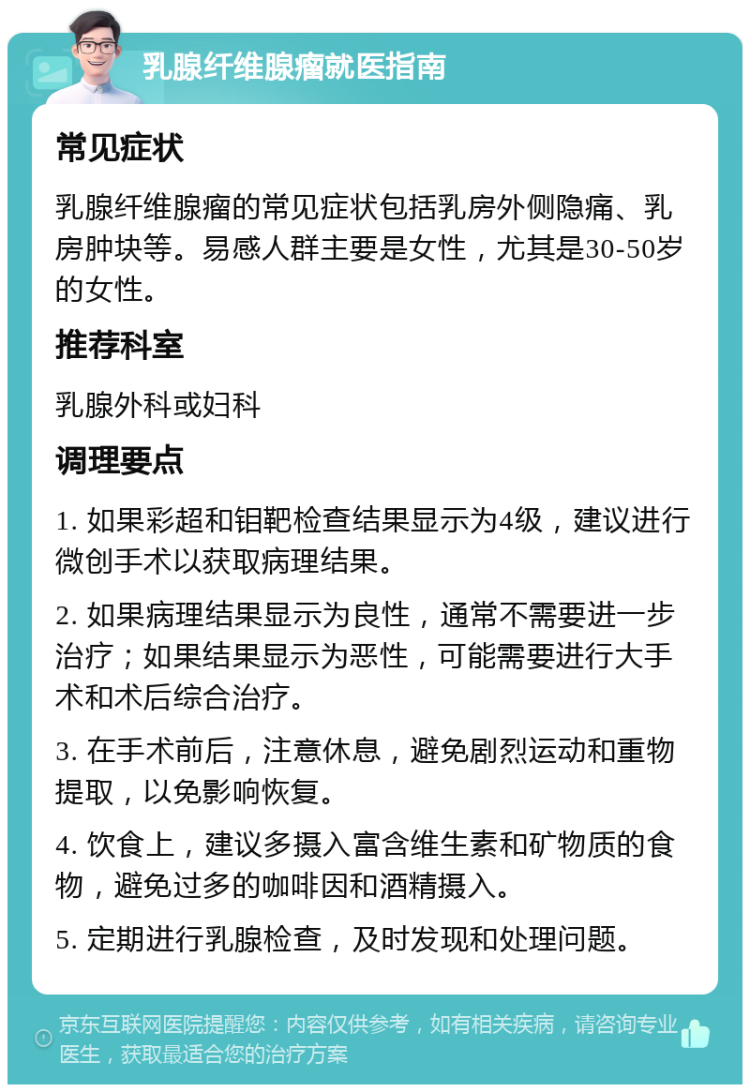 乳腺纤维腺瘤就医指南 常见症状 乳腺纤维腺瘤的常见症状包括乳房外侧隐痛、乳房肿块等。易感人群主要是女性，尤其是30-50岁的女性。 推荐科室 乳腺外科或妇科 调理要点 1. 如果彩超和钼靶检查结果显示为4级，建议进行微创手术以获取病理结果。 2. 如果病理结果显示为良性，通常不需要进一步治疗；如果结果显示为恶性，可能需要进行大手术和术后综合治疗。 3. 在手术前后，注意休息，避免剧烈运动和重物提取，以免影响恢复。 4. 饮食上，建议多摄入富含维生素和矿物质的食物，避免过多的咖啡因和酒精摄入。 5. 定期进行乳腺检查，及时发现和处理问题。