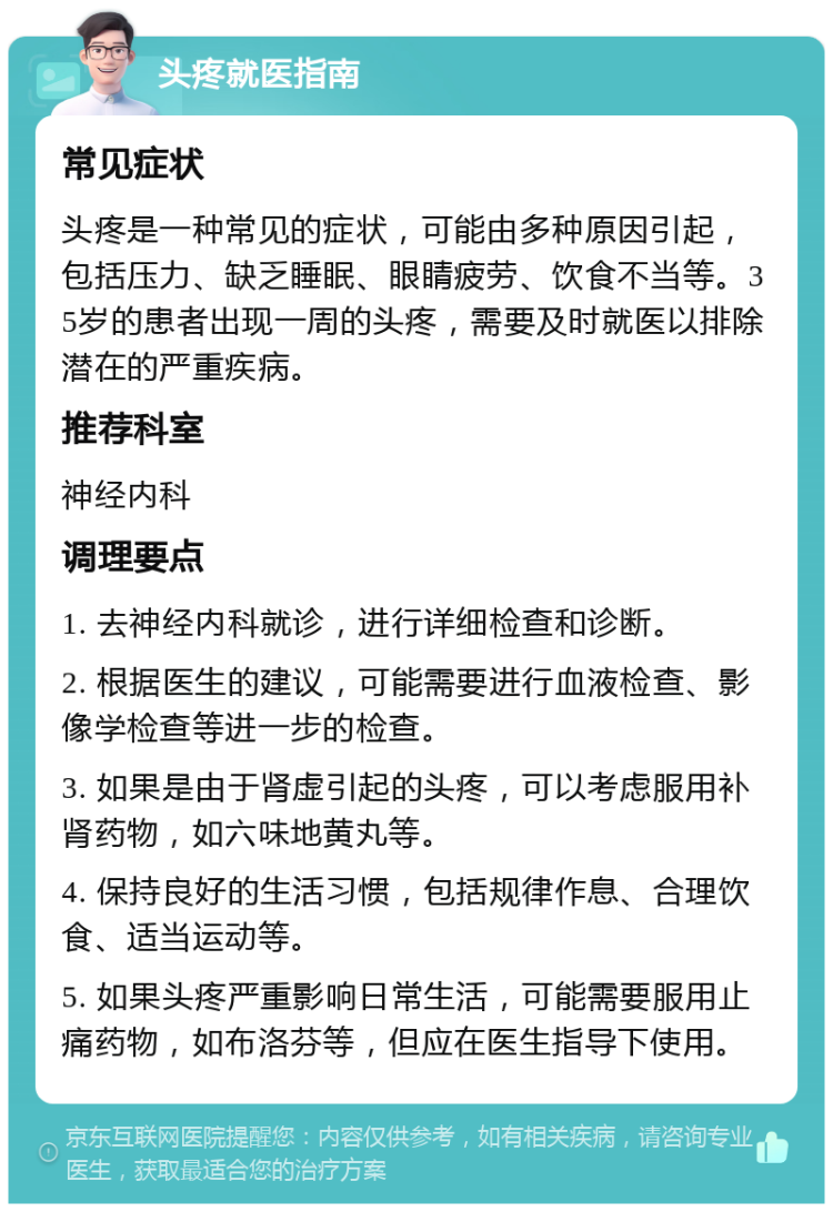 头疼就医指南 常见症状 头疼是一种常见的症状，可能由多种原因引起，包括压力、缺乏睡眠、眼睛疲劳、饮食不当等。35岁的患者出现一周的头疼，需要及时就医以排除潜在的严重疾病。 推荐科室 神经内科 调理要点 1. 去神经内科就诊，进行详细检查和诊断。 2. 根据医生的建议，可能需要进行血液检查、影像学检查等进一步的检查。 3. 如果是由于肾虚引起的头疼，可以考虑服用补肾药物，如六味地黄丸等。 4. 保持良好的生活习惯，包括规律作息、合理饮食、适当运动等。 5. 如果头疼严重影响日常生活，可能需要服用止痛药物，如布洛芬等，但应在医生指导下使用。